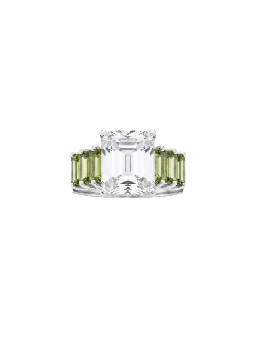 925 Sterling Silver White Clear Tourmaline & Peridot Stones Ring Size 9