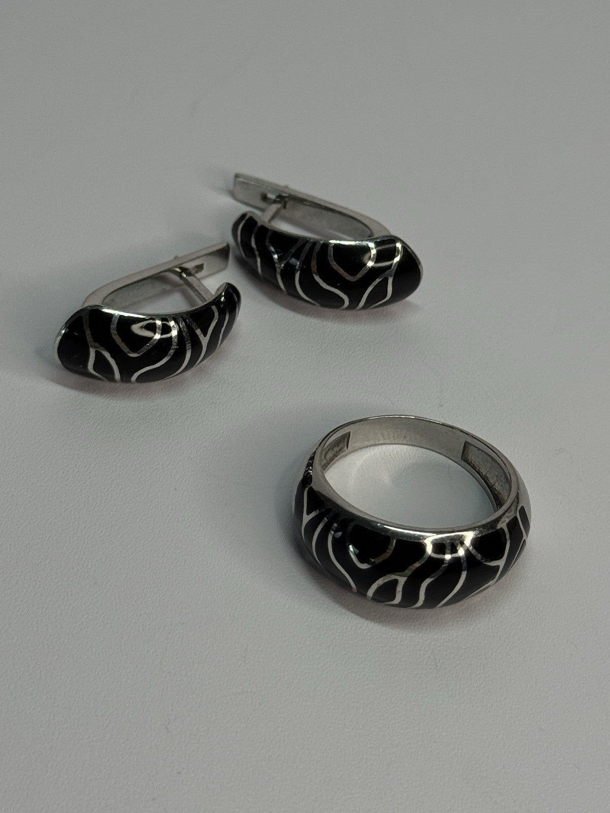 925 Sterling Silver Enamel Ring & Earrings Set Size 9