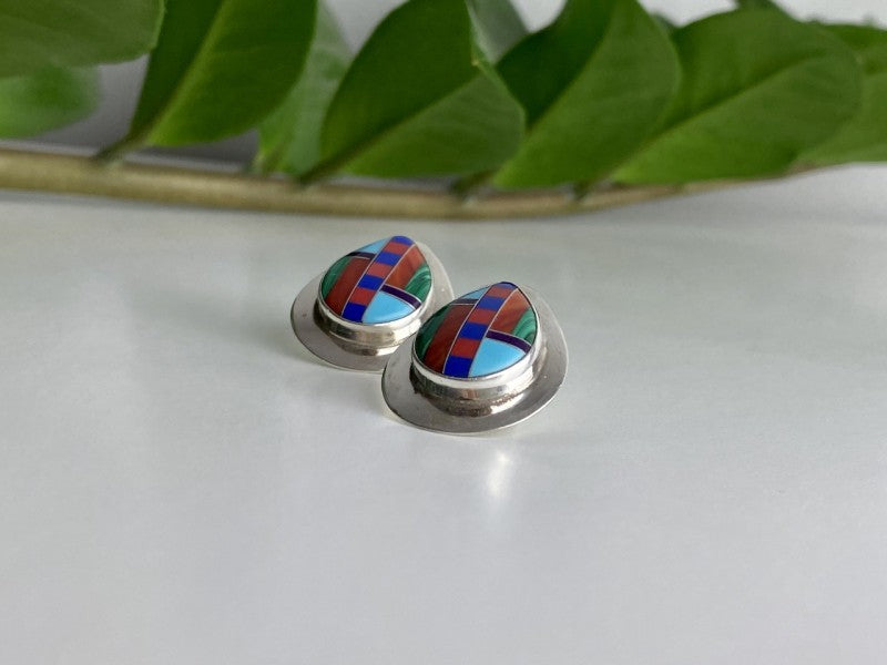Vintage 925 Sterling Silver Agate Mosaic Stud Earrings