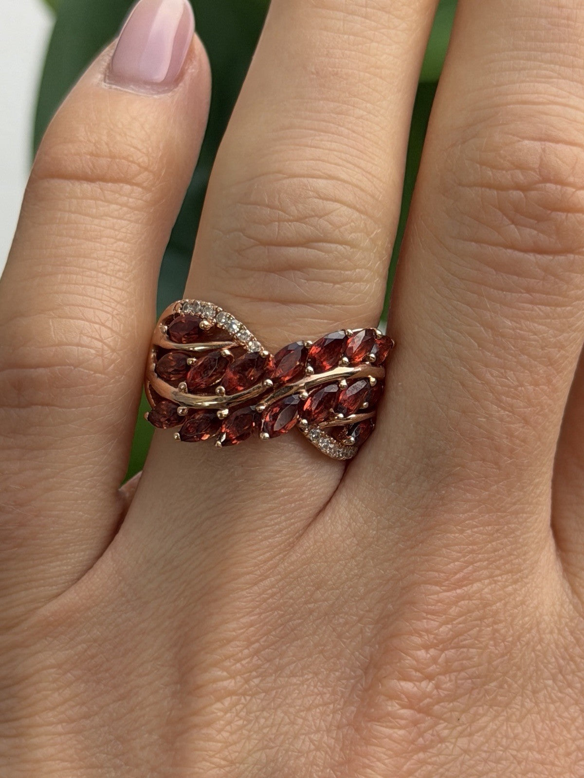 925 Sterling Silver Rose Gold Plated Garnet & Beryl Ring Size 7