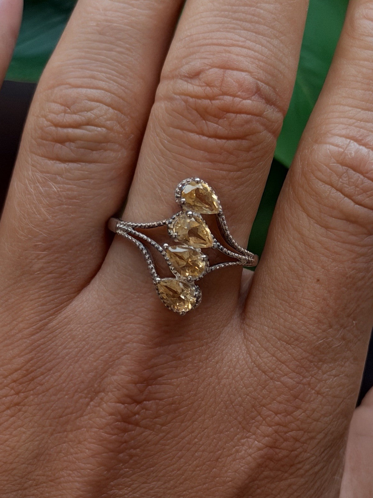 925 Sterling Silver Pear Cut 4 Stones Yellow Citrine Ring Size 10