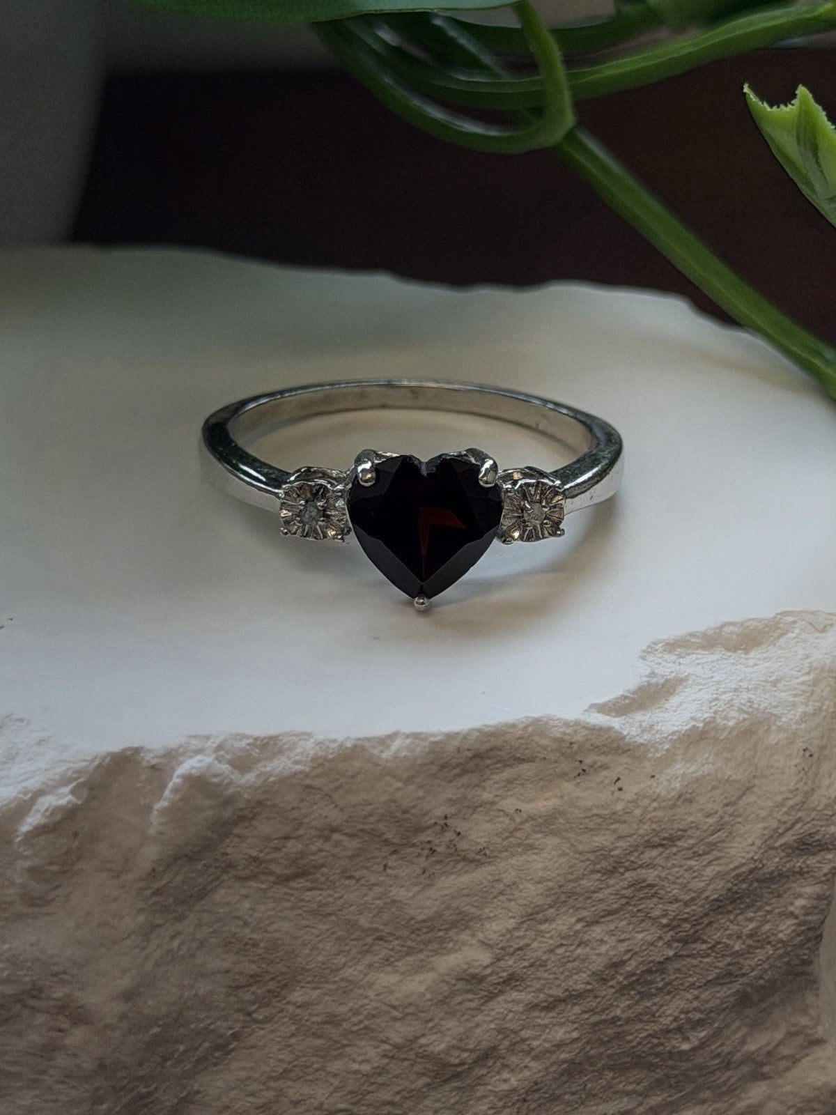 925 Sterling Silver Heart Cut Garnet with White Beryl Stones Ring Size 10