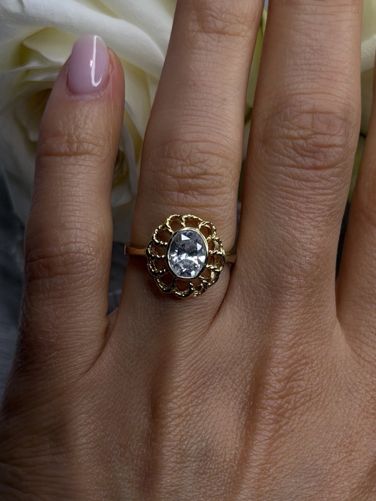 Floral Halo 925 Sterling Silver Gold Plated Clear Cz Ring Size 6.5