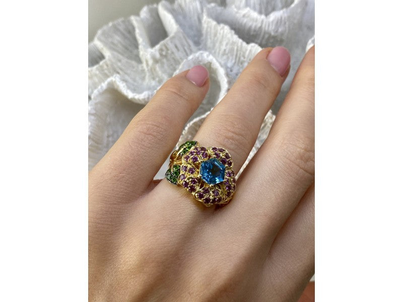 925 Sterling Silver Gold Plated Topaz, Peridot & Spinel "Flower" Ring Size 7.5