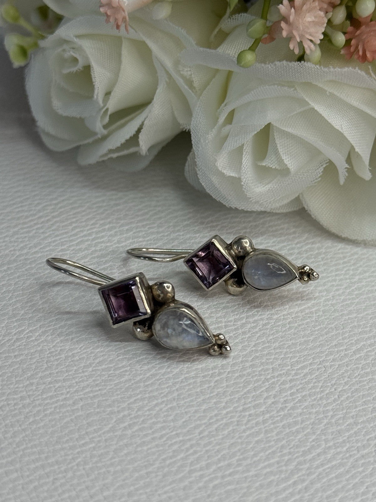 925 Sterling Silver Amethyst & Moonstone Earrings Length 1.30 Inch