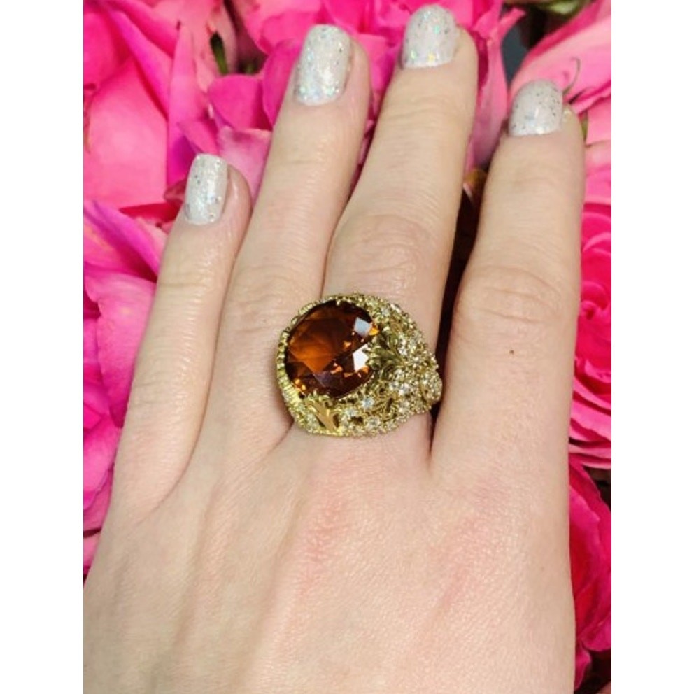 925 Sterling Silver Gold Plated Orange Alpanite & CZ Ring Size 10.25