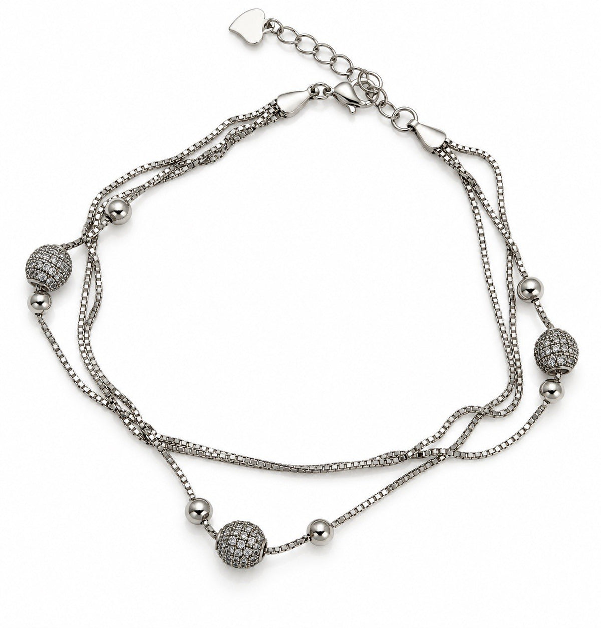 925 Sterling Silver Multi-Strand Box Chain Pave Cz Beads Bracelet Size 6.5/8