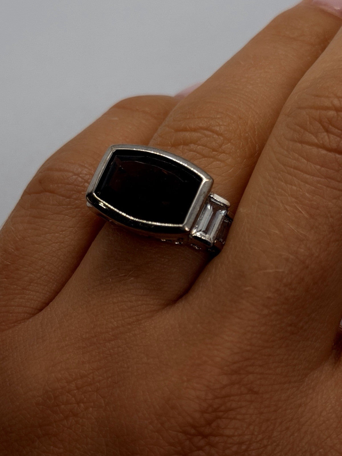 Art Deco 925 Sterling Silver Brown Smoky Quartz & White Topaz Ring Size 7