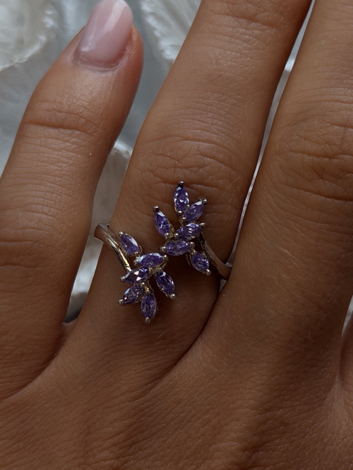 925 Sterling Silver Purple Amethyst Flower Ring Adjustable