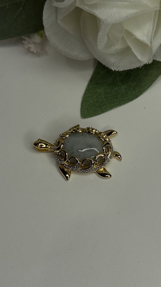 925 Sterling Silver Gold Plated Turtle Green Jade Pendant