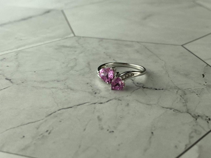 925 Sterling Silver Pink Topaz "Hearts" Ring Size 7