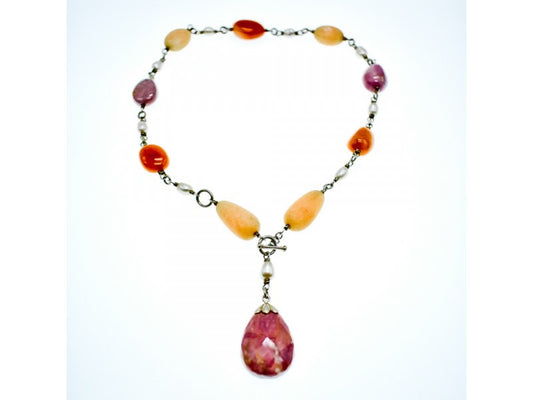 925 Sterling Silver Rose Quartz, Yellow Agate and Orange Carnelian Necklace