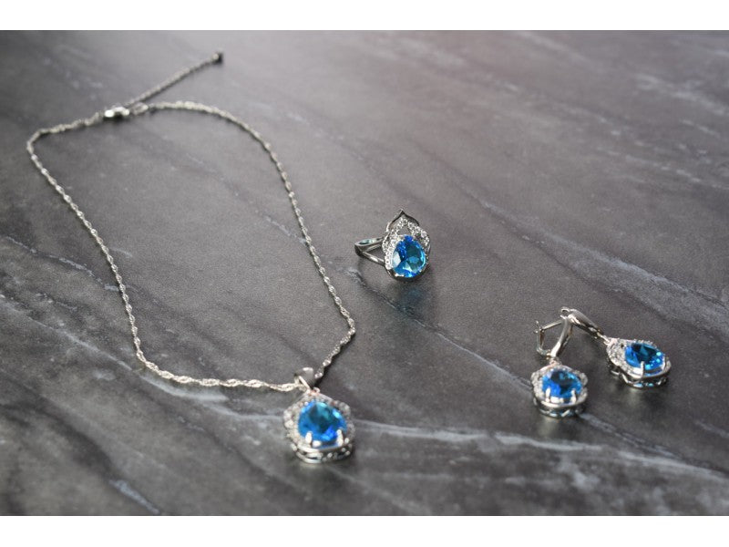 925 Sterling Silver Blue CZ ( Imitation Topaz ) SET