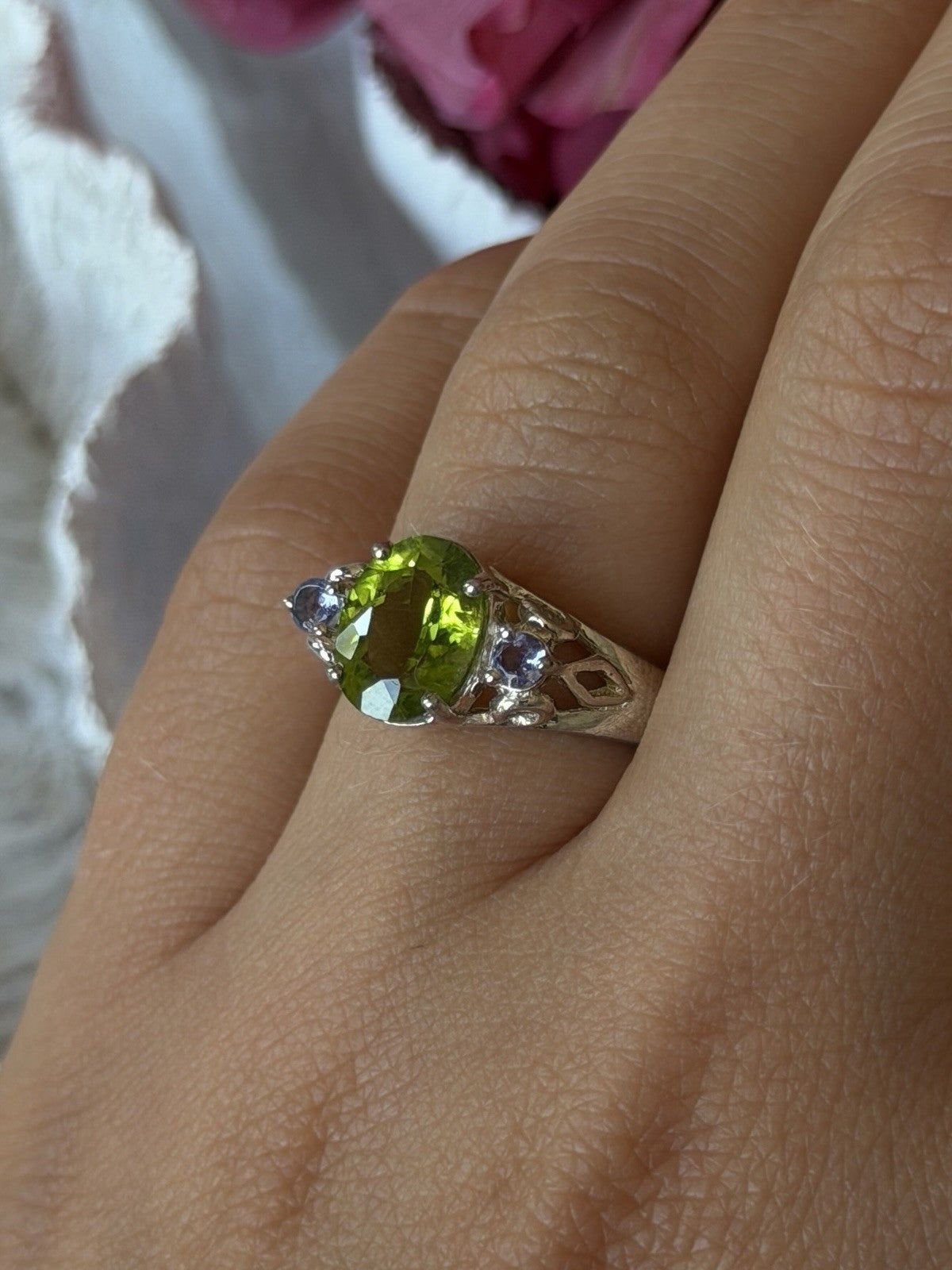 925 Sterling Silver Peridot & Tanzanite Ring Size 7
