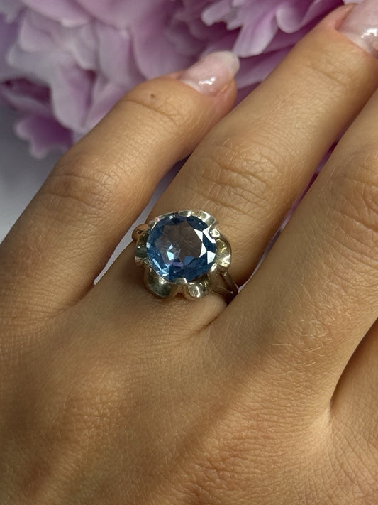 925 Sterling Silver Aquamarine Flower Ring Size 6