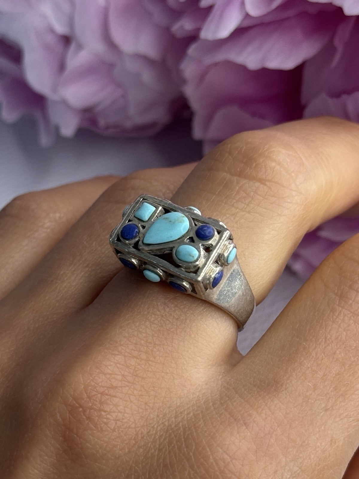 925 Sterling Silver Turquoise & Sodalite Ring Size 7.5