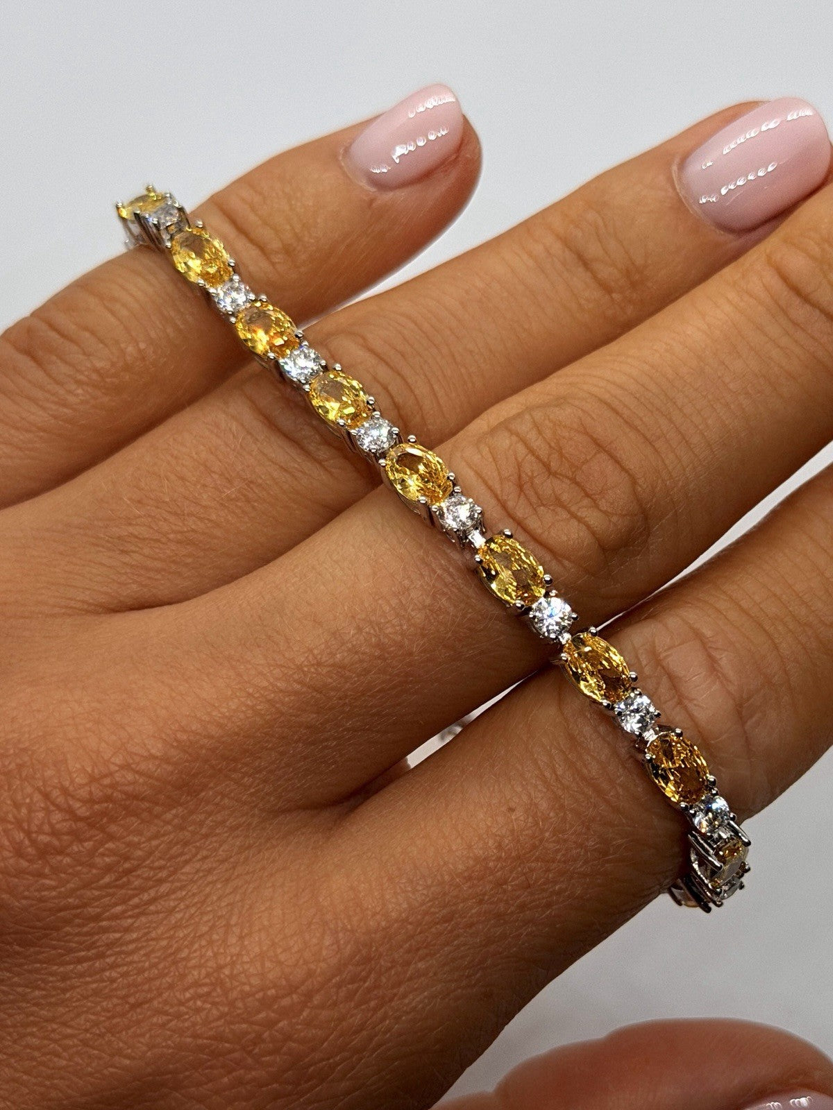 Shiny 925 Sterling Silver Yellow Citrine & Clear Beryl Bracelet Size 7.5