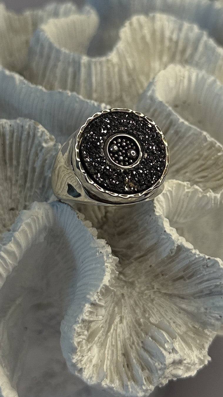 Michael Dawkins Starry Night 925 Sterling Silver Black Druzy Quartz Ring Size 9