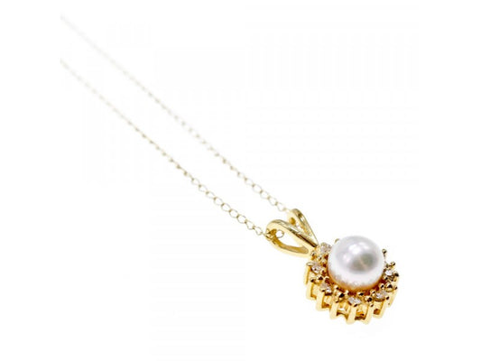14K Yellow Gold Pearl & Diamonds Chain With Pendant