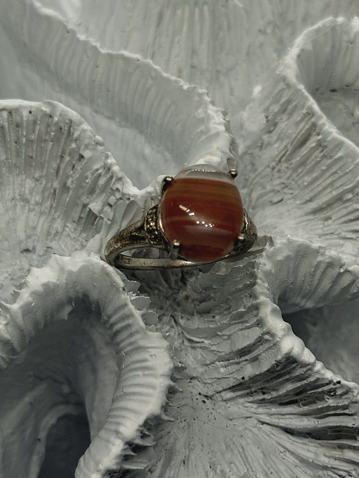 925 Sterling Silver Carnelian & Marcasites Ring Size 7
