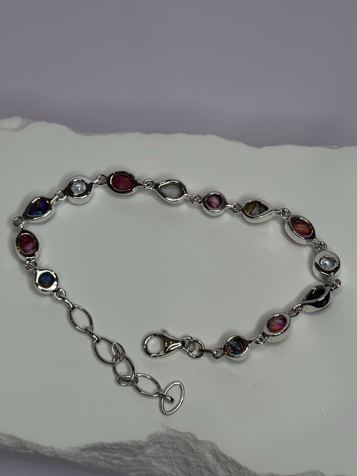 925 Sterling Silver Oyster Turquoise & Topaz Bracelet Length 6-8 Inch