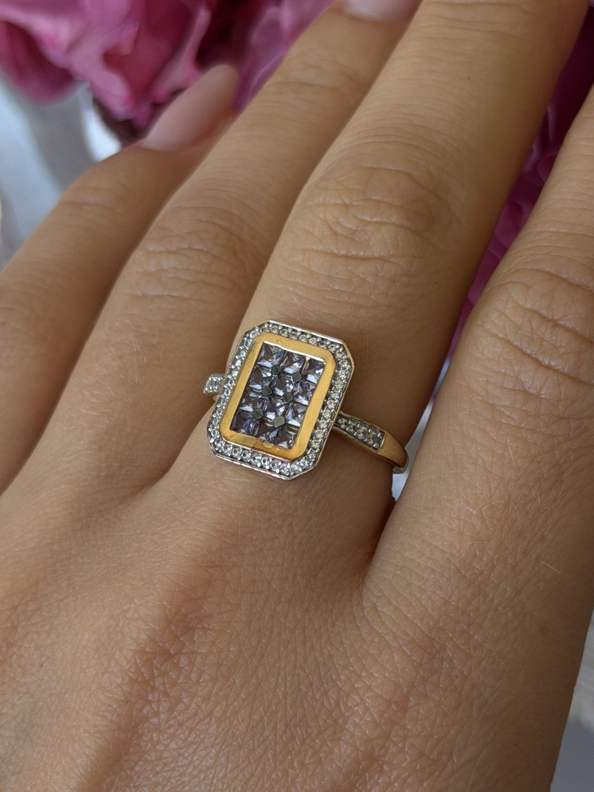 925 Sterling Silver Gold Plated Tanzanite & Beryl Ring Size 8