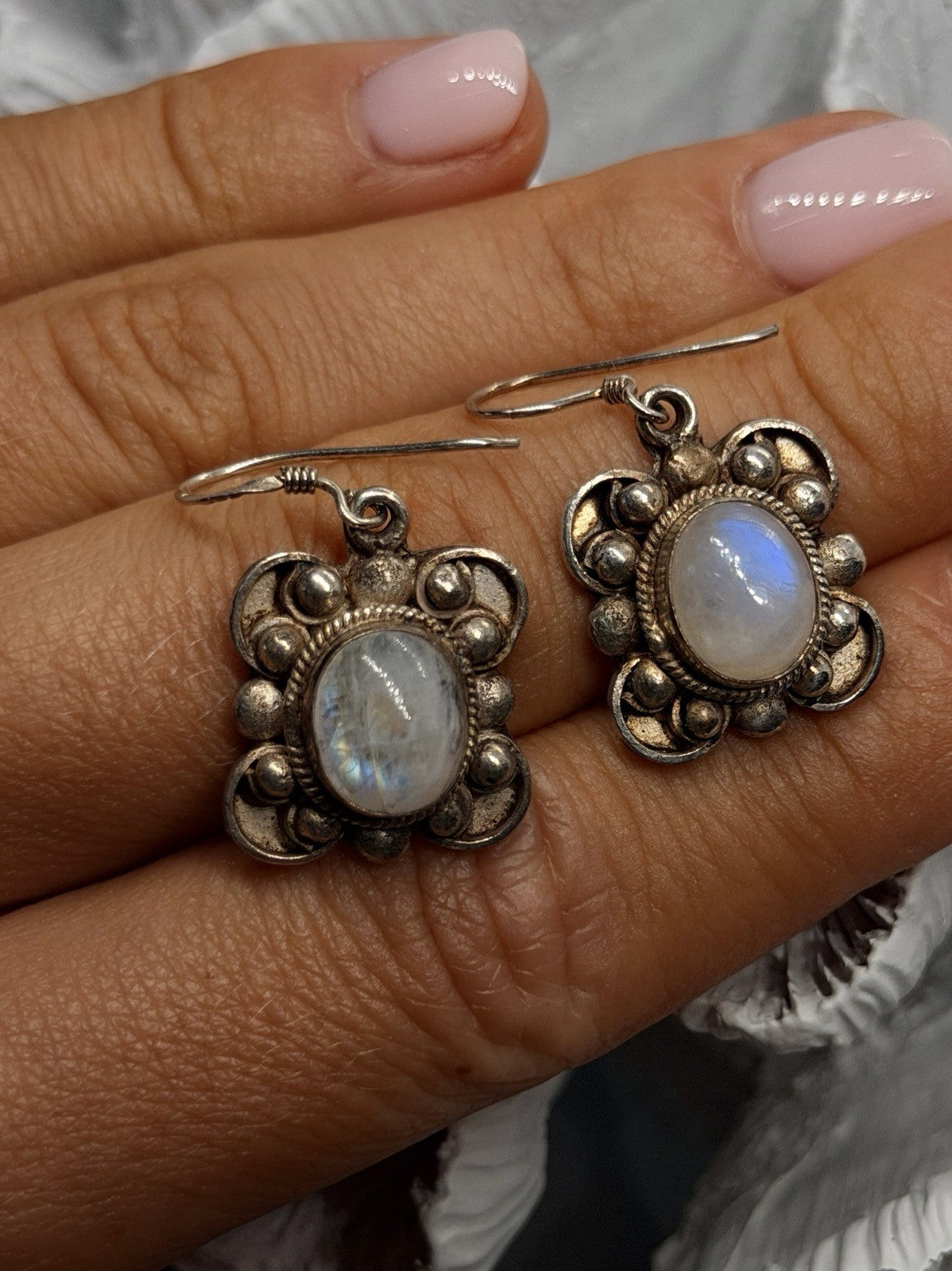 Vintage 925 Sterling Silver Rainbow Moonstone Floral Dangle Earrings