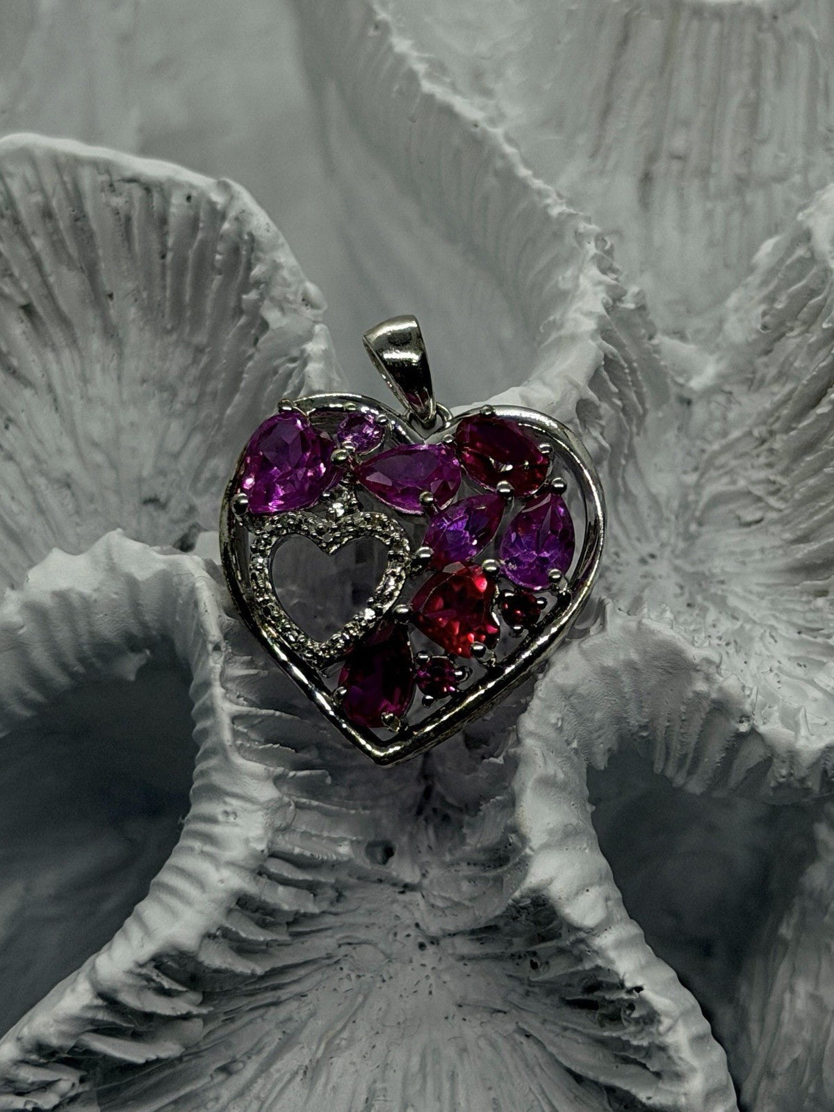 JWBR 925 Sterling Silver Pink Red White Topaz Stone Heart Pendant