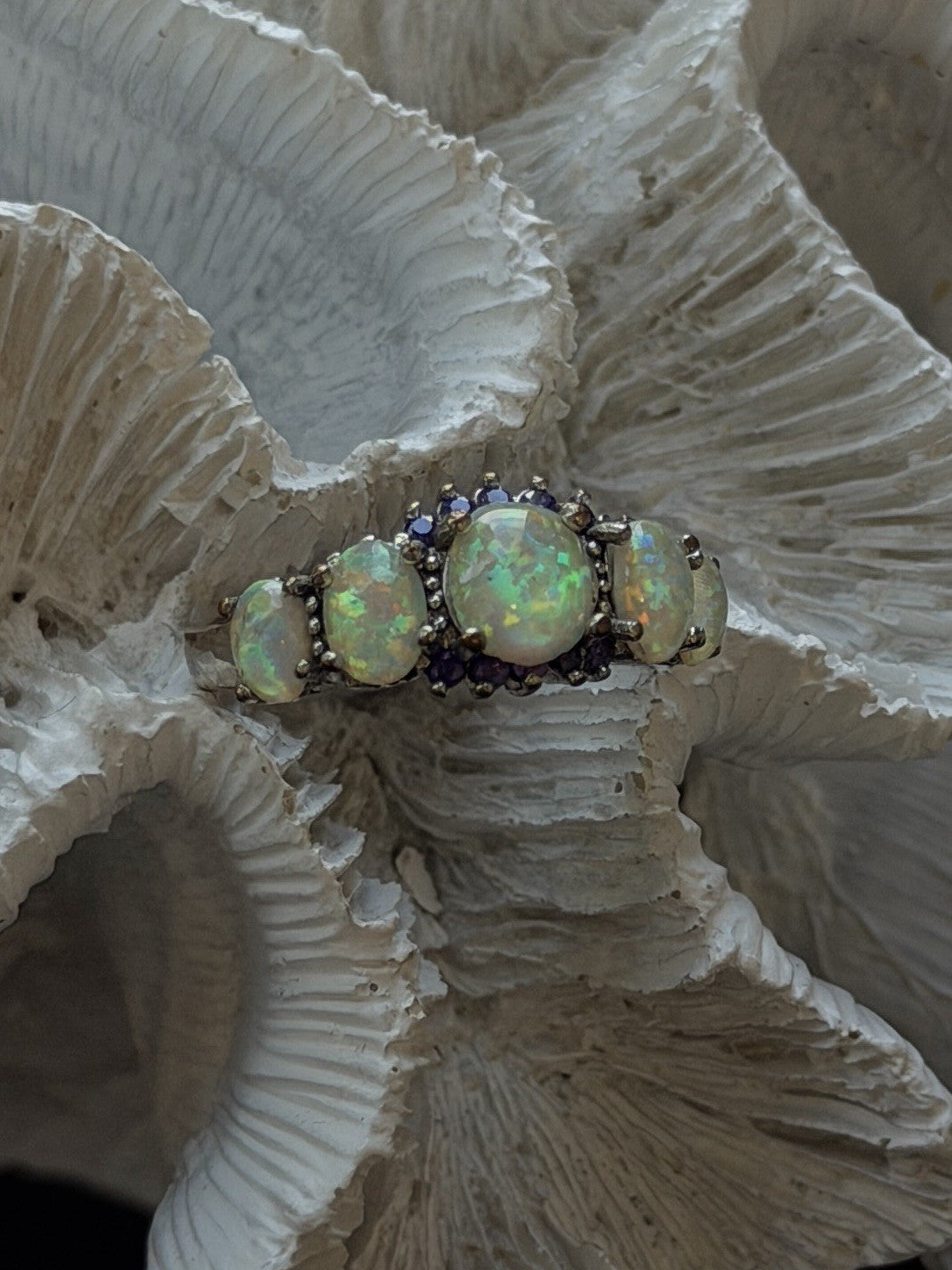 925 Sterling Silver Opal & Amethyst Ring Size 8