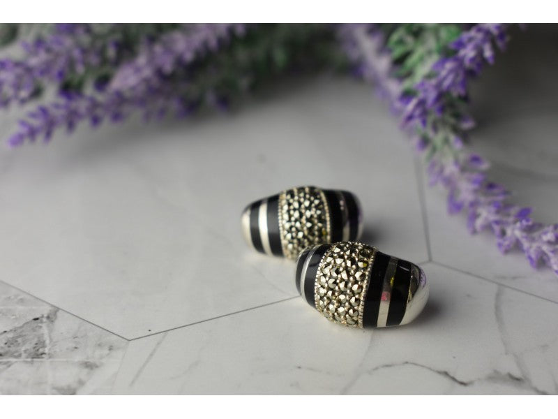 925 Sterling Silver Black Nephrite & Marcasites Earrings