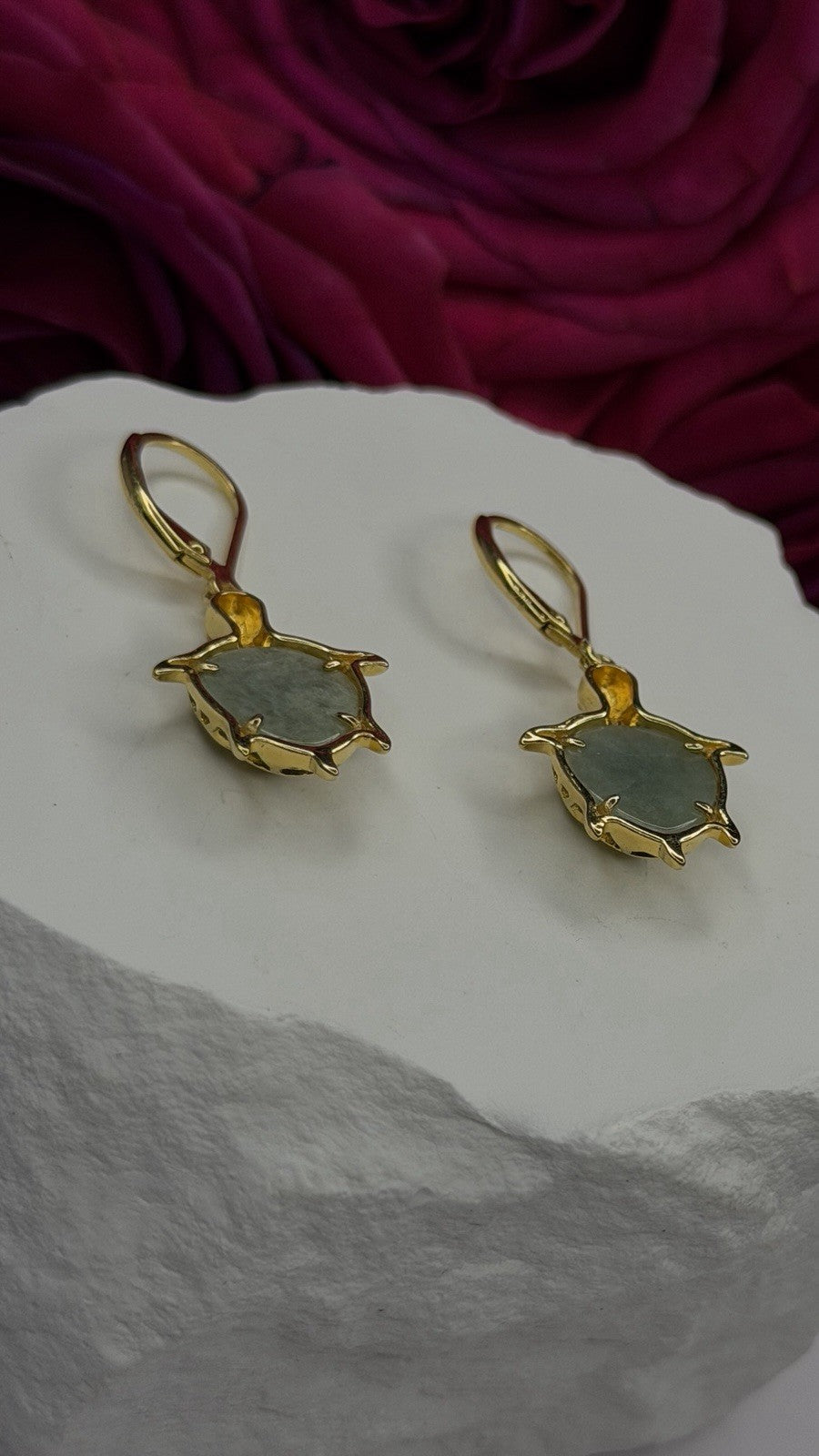 925 Sterling Silver Gold Plated Dynasty Jade Turtle Lever back Earrings