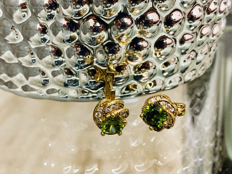 925 Sterling Silver Gold Plated Emerald & CZ Earrings