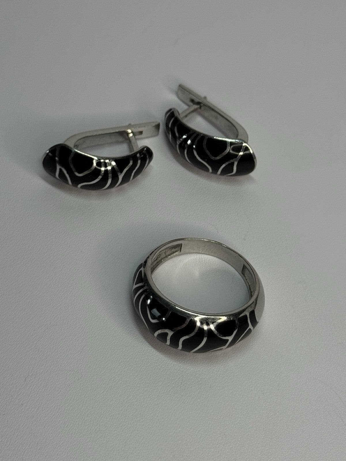 925 Sterling Silver Enamel Ring & Earrings Set Size 9