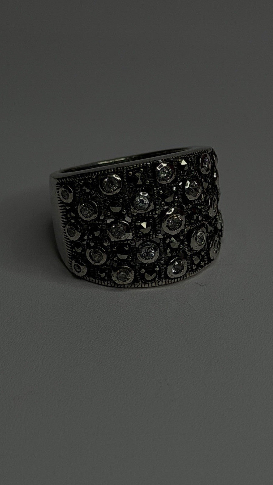 Vintage Wide Band 925 Sterling Silver Beryl & Marcasite Ring Size 8