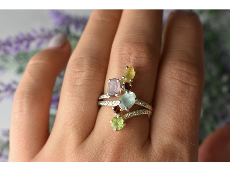 925 Sterling Silver Multi Gemstones Ring Size 8