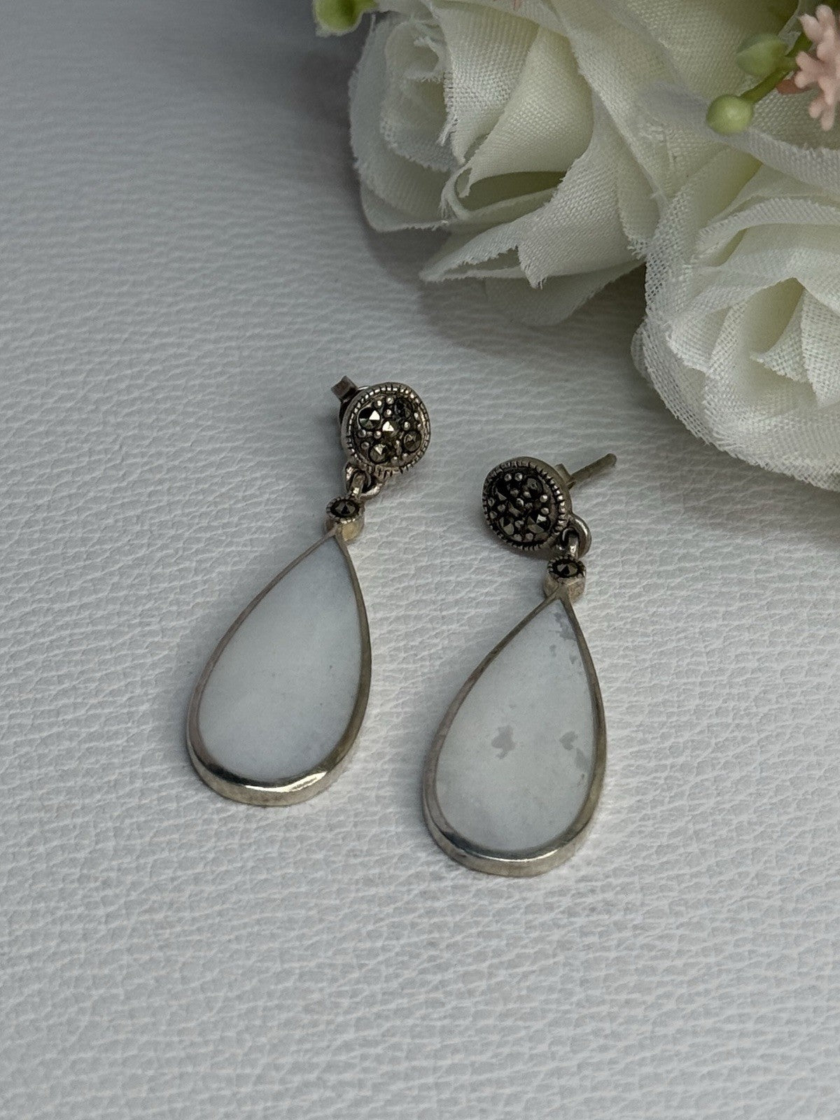 Vintage 925 Sterling Silver Abalone & Marcasite Earrings Length 1.60 Inch