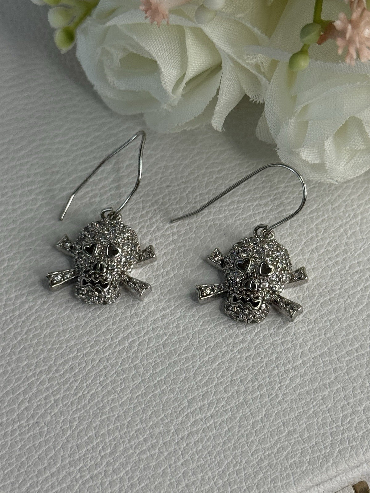 925 Sterling Silver Skull CZ Earrings Length 1.10 Inch