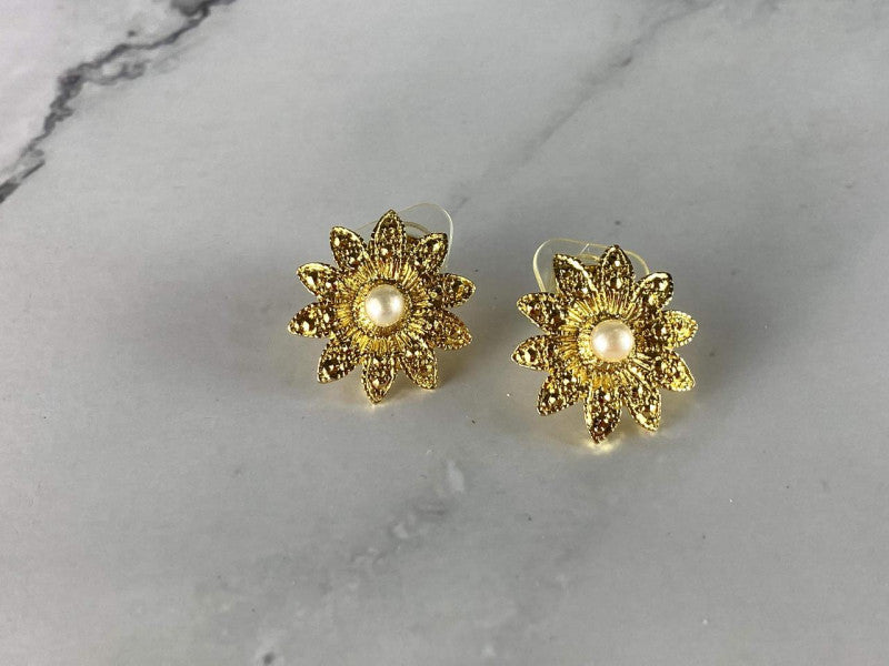 925 STERLING SILVER GOLD PLATED PEARLS "FLOWERS" STUD EARRINGS