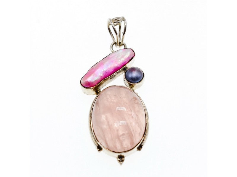 925 Sterling Silver Morganite, Haliotis & Pearl Pendant