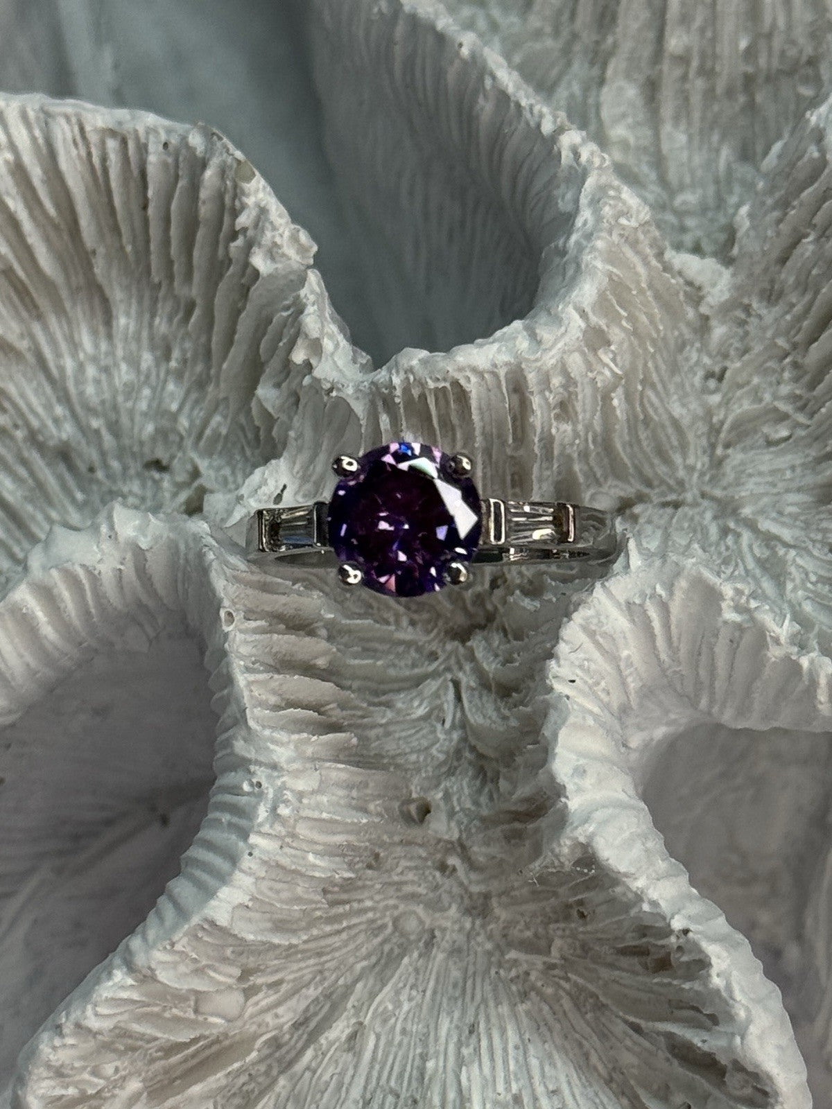 925 Sterling Silver Purple & White Spinel Ring Size 6.5