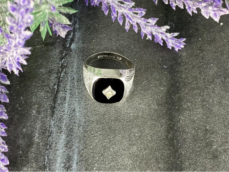 925 Sterling Silver Black Nephrite & CZ Ring Size 9