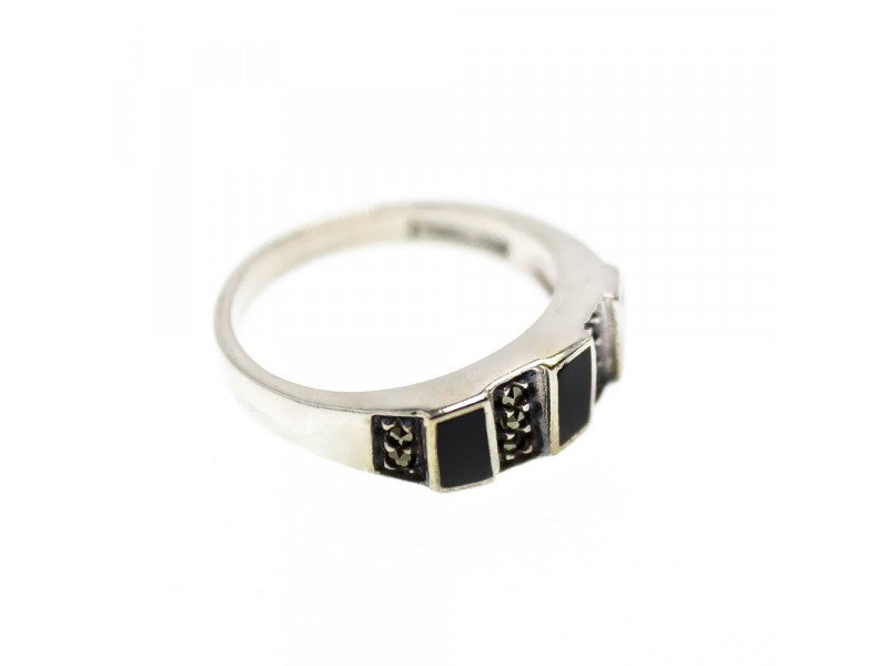 925 Sterling Silver Black Nephrite & Marcasites Ring Size 5.75