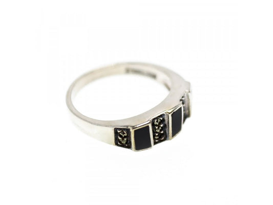 925 Sterling Silver Black Nephrite & Marcasites Ring Size 5.75