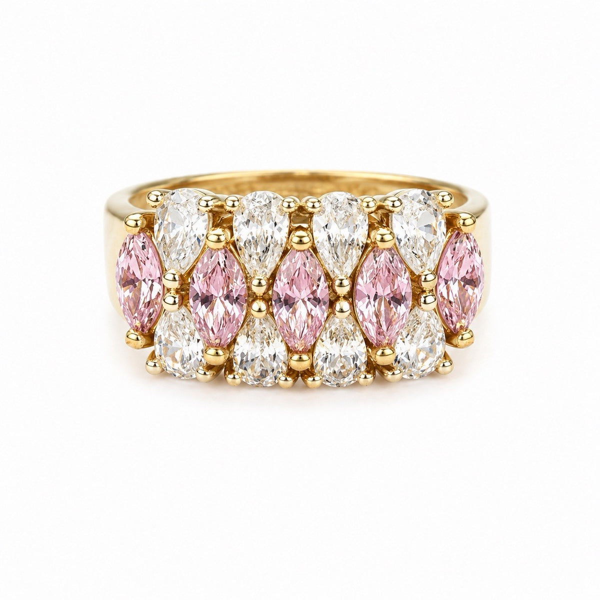925 Sterling Silver Gold Plated Pink Morganite & White Clear Beryl Ring Size 8