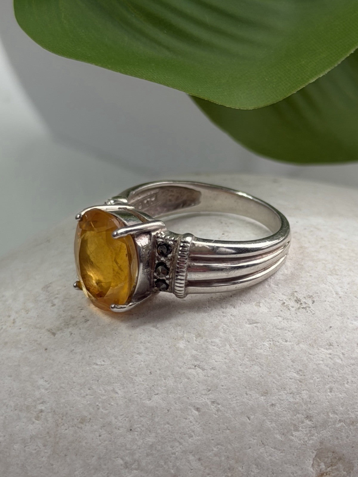 925 Sterling Silver Citrine & Marcasite Ring Size 8