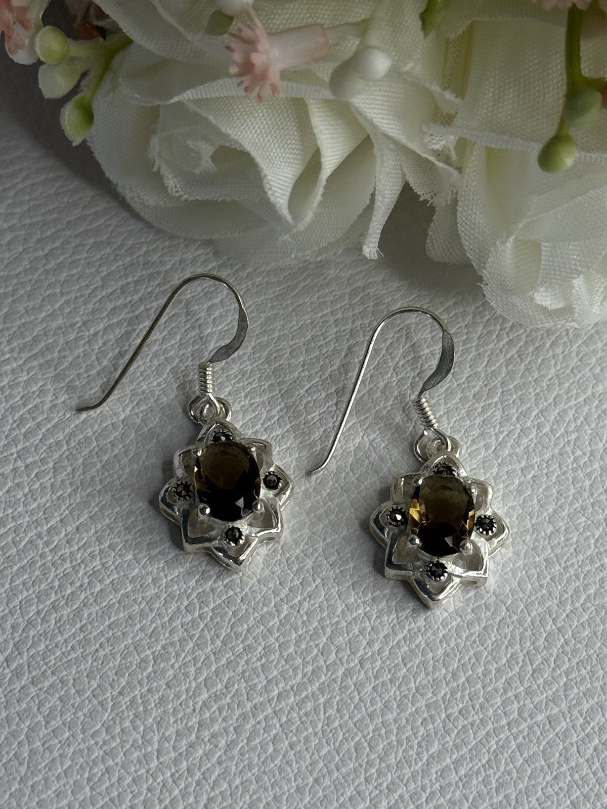 925 Sterling Silver Hessonite & Marcasite Earrings Length 1.10 Inch