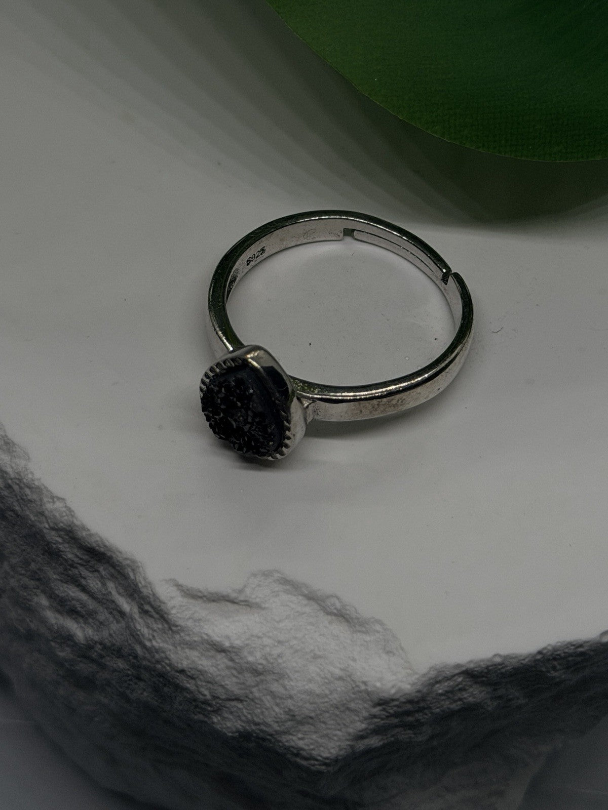 Adjustable 925 Sterling Silver Black Druzy Pear Ring