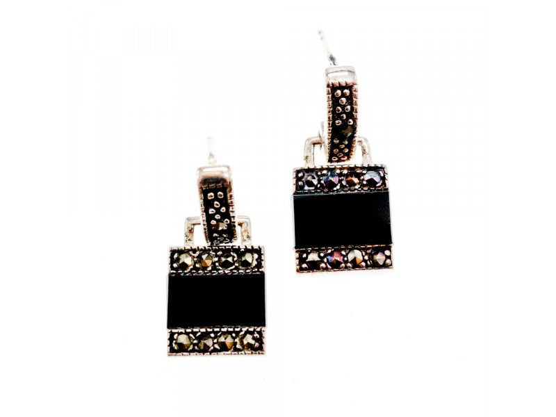 925 Sterling Silver Black Nephrite & Marcasites Earrings