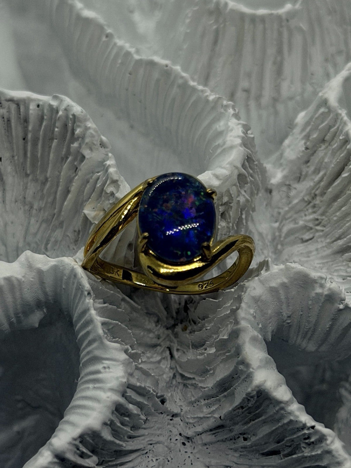925 Sterling Silver Gold Plated Blue Opal Oval Ring Size 6