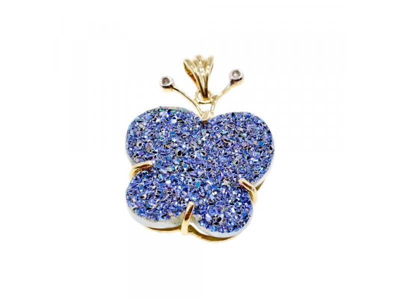 10K Yellow Gold Druzy Quartz & Diamonds Butterfly Pendant